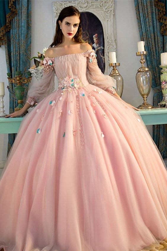 image of pink tulle embellished off shoulder gown with printed trail 